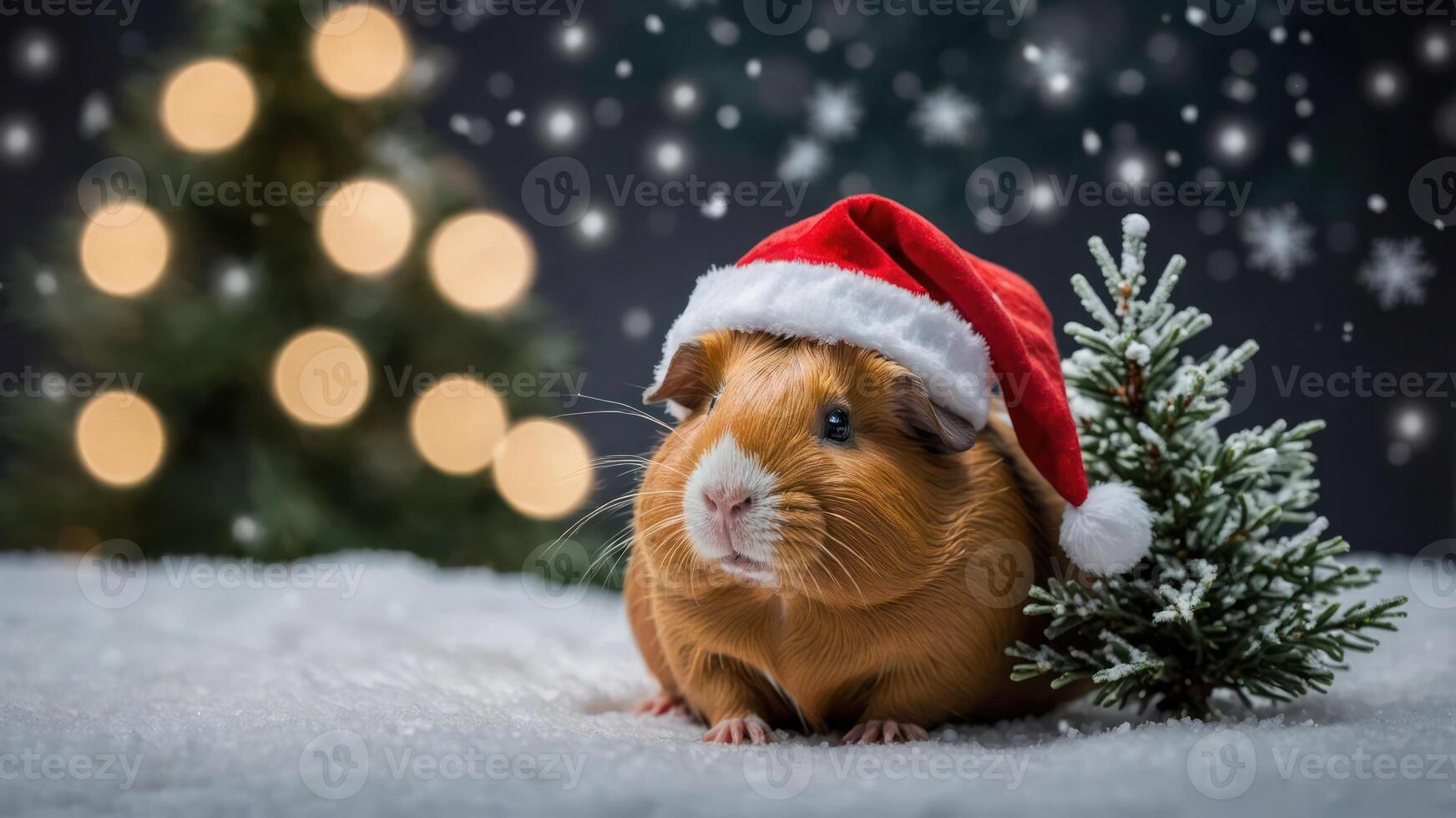 A festive guinea pig wearing a Santa hat next to a small decorated Christmas tree. photo