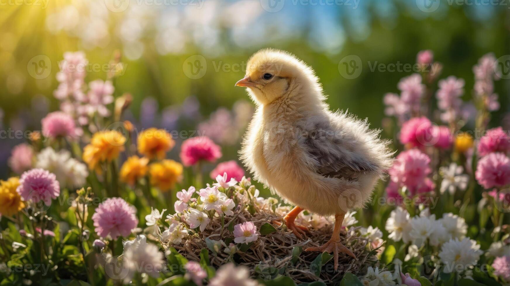 A fluffy chick stands among vibrant flowers in a sunny garden. photo
