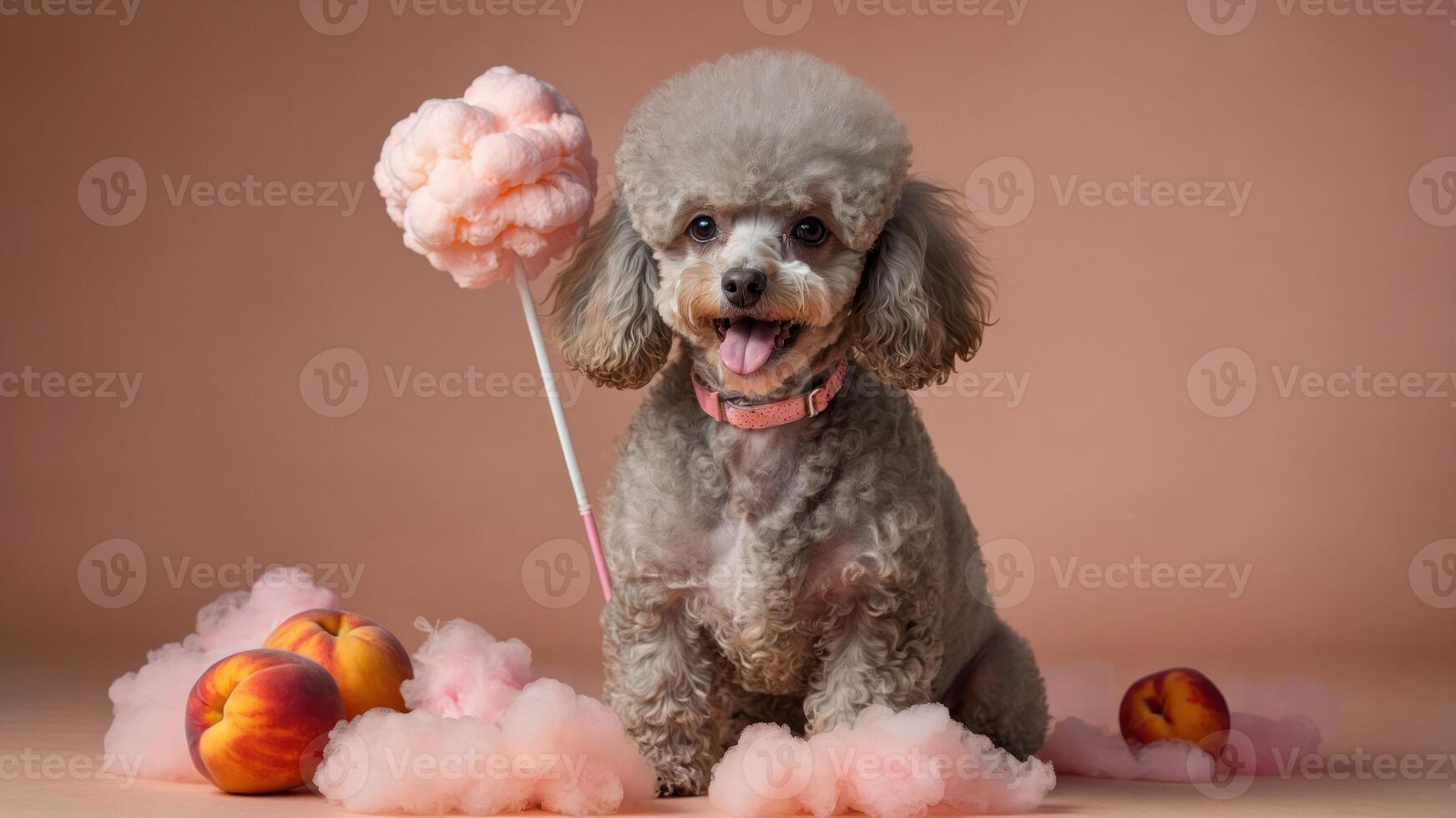 A cheerful poodle poses with cotton candy and peaches against a soft background. photo