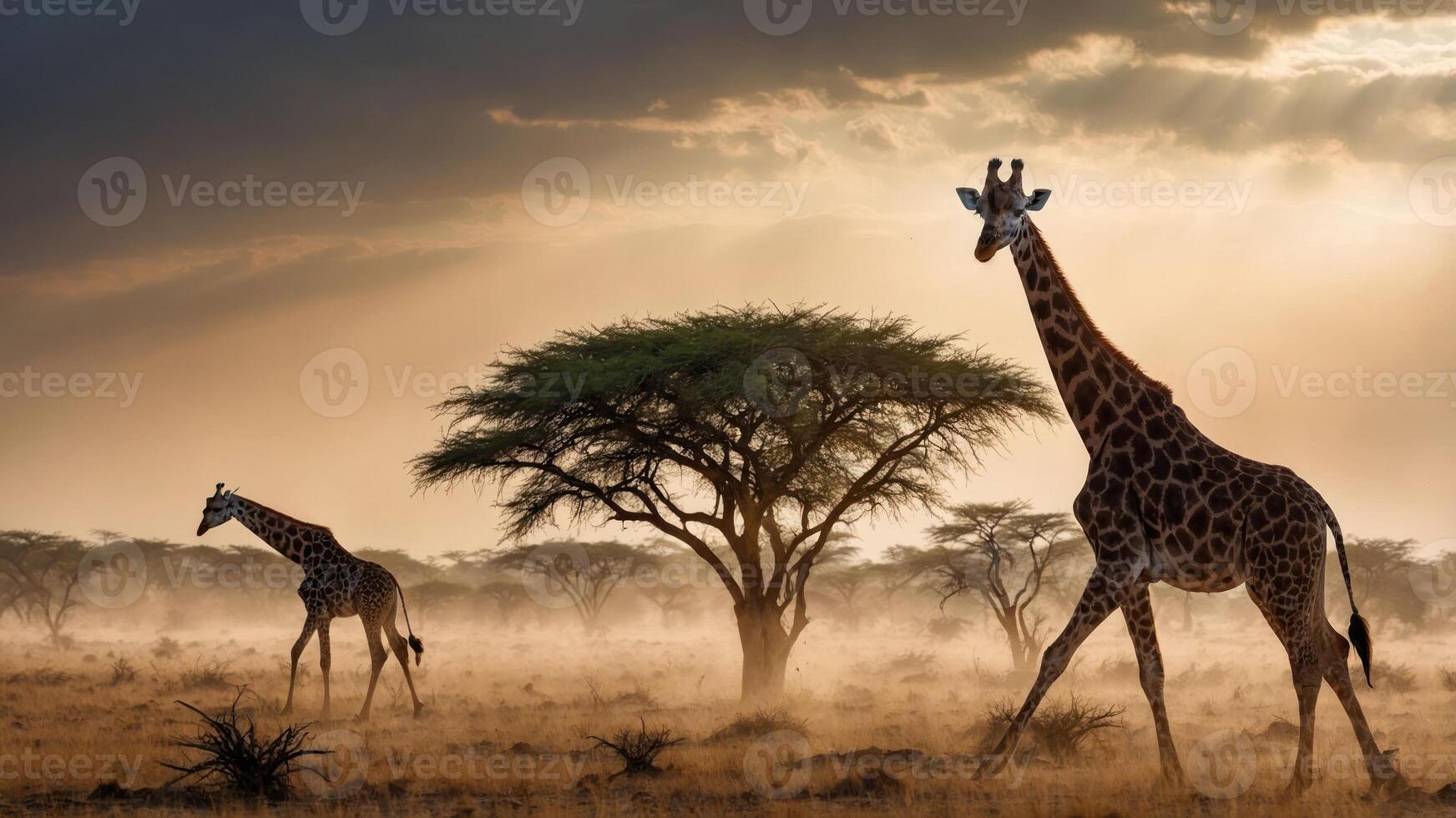 Two giraffes walking through a misty savanna at sunset, surrounded by acacia trees. photo