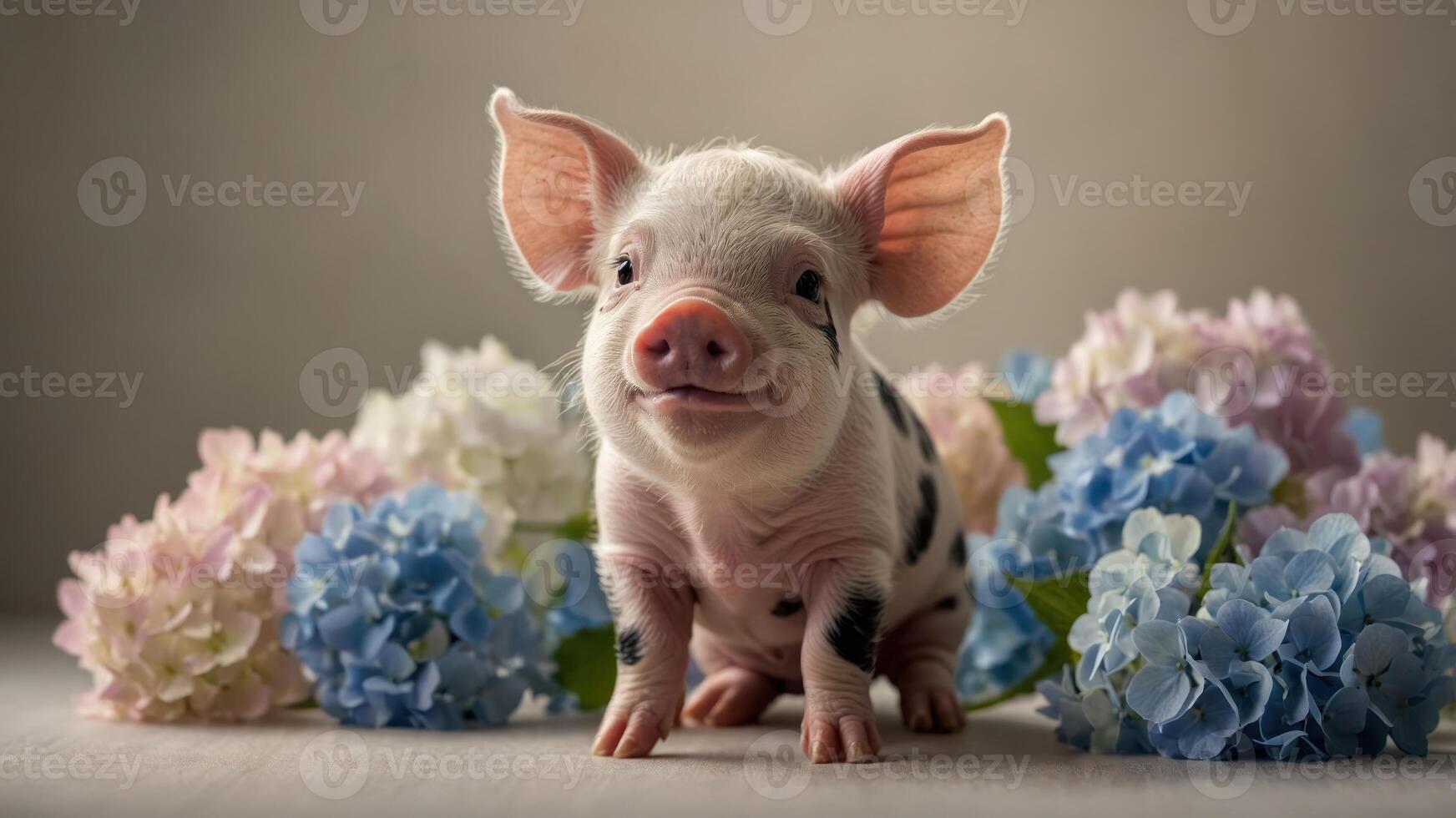 A cute piglet surrounded by colorful flowers, evoking a sense of joy and innocence. photo