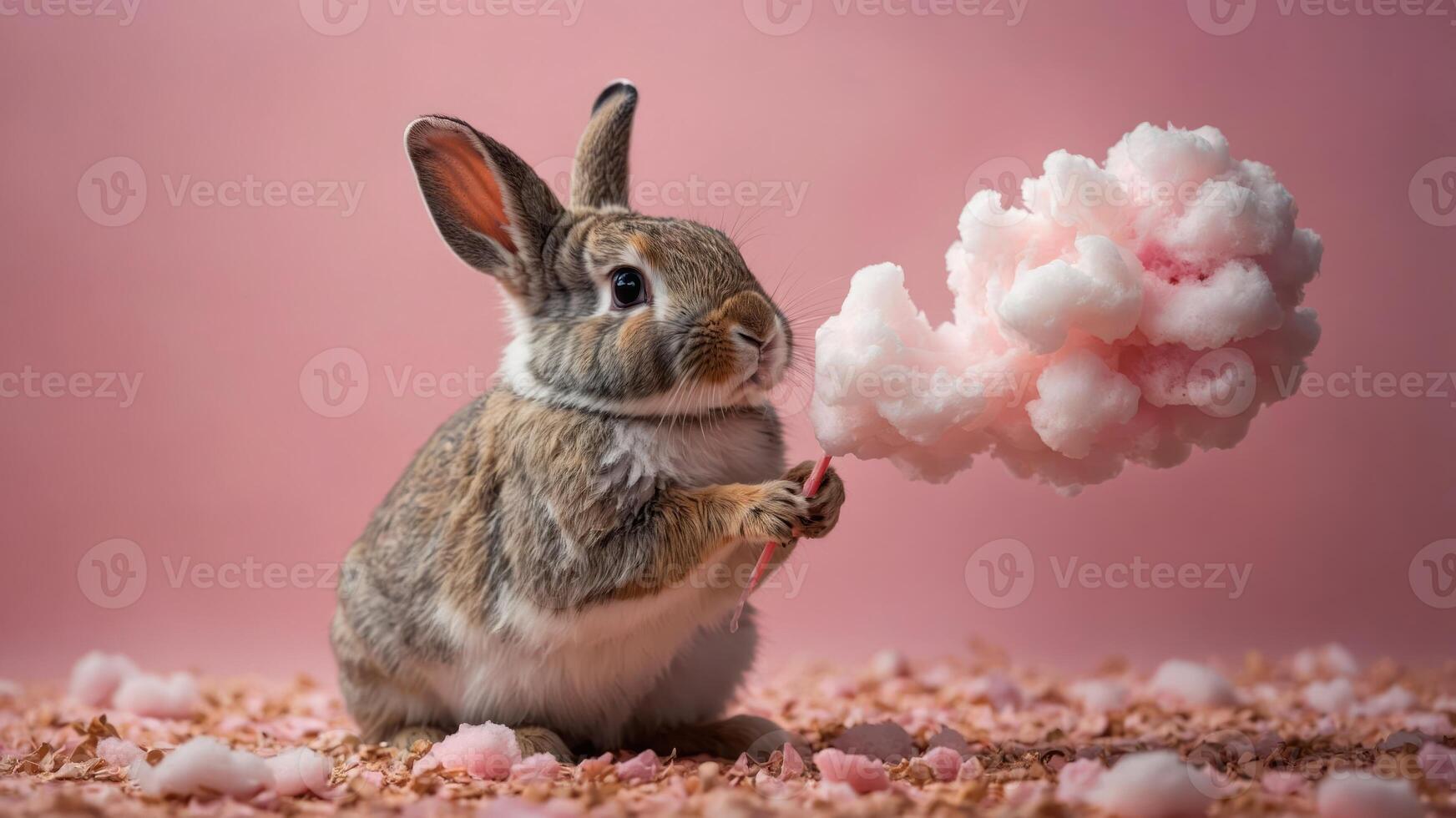 A cute rabbit holding cotton candy against a pink backdrop, creating a whimsical atmosphere. photo