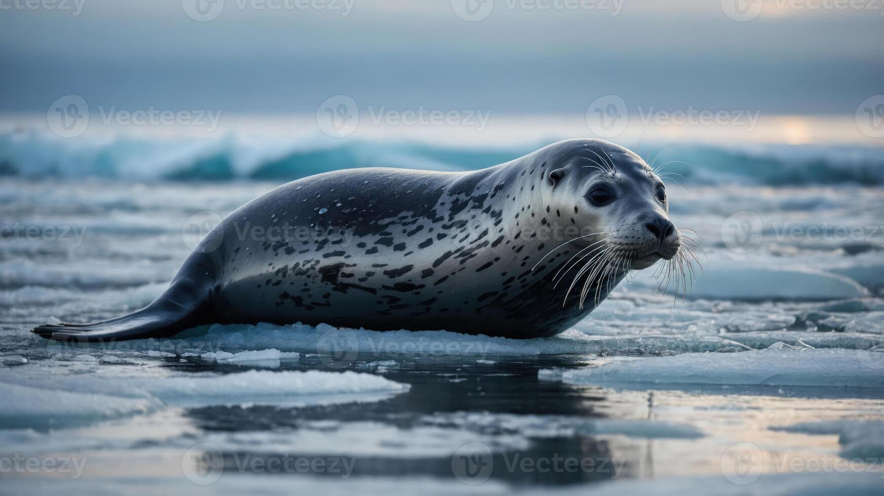 A seal resting on icy terrain near the ocean, showcasing its natural habitat. photo