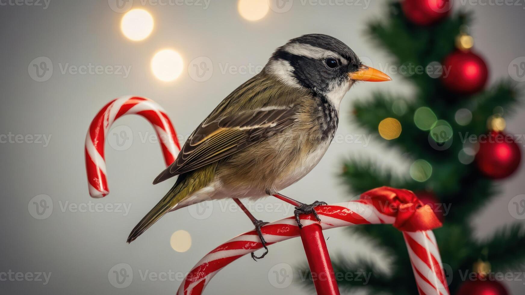 A bird perched on candy canes with a festive background of lights and a Christmas tree. photo