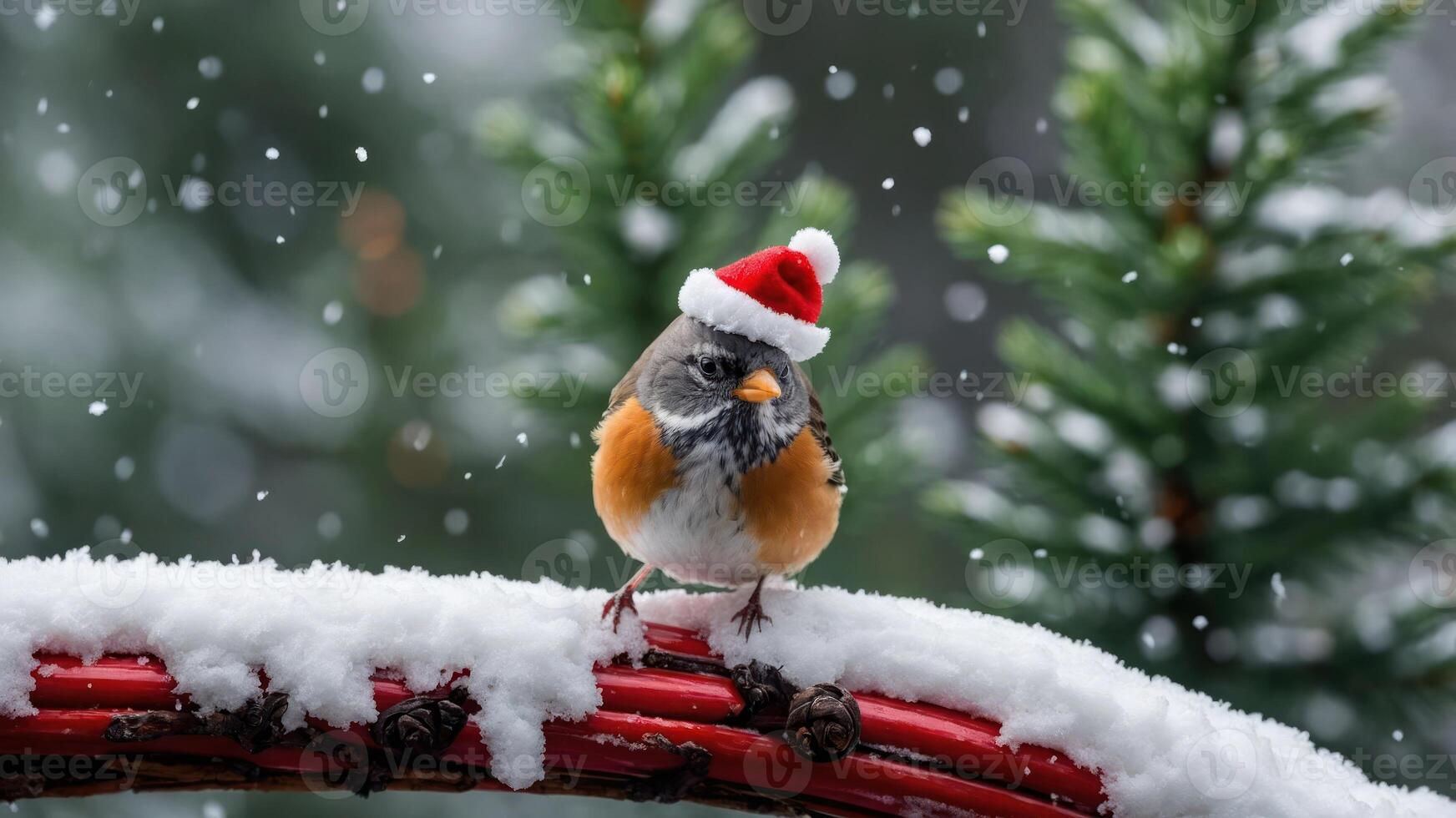 A festive bird wearing a Santa hat perched on a snowy branch amidst falling snowflakes. photo