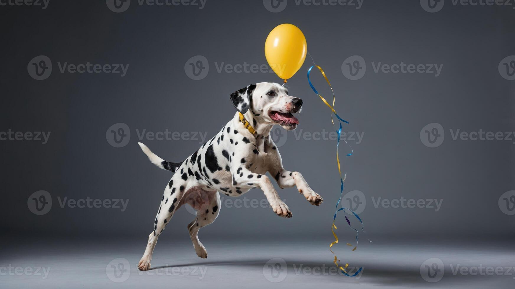 A playful Dalmatian dog leaps joyfully with a yellow balloon, embodying fun and celebration. photo