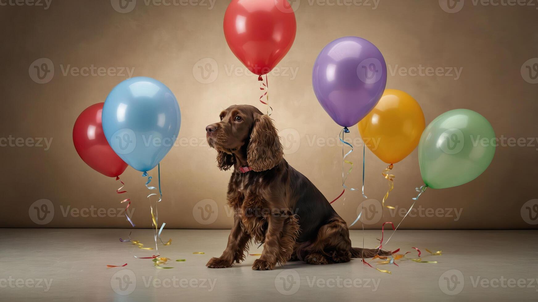 A dog sits among colorful balloons, creating a festive atmosphere. photo