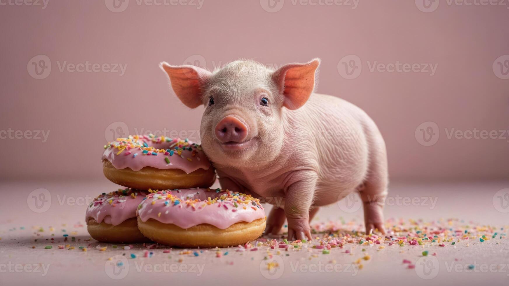 A cute piglet stands beside colorful donuts on a pink background. photo