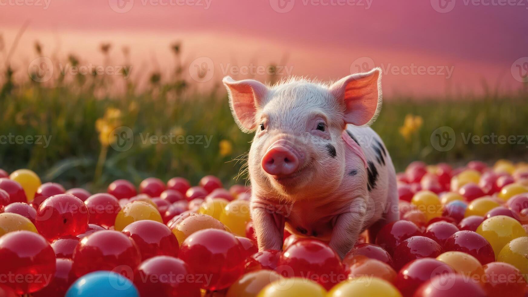 A playful piglet stands on colorful balls against a vibrant sunset backdrop. photo