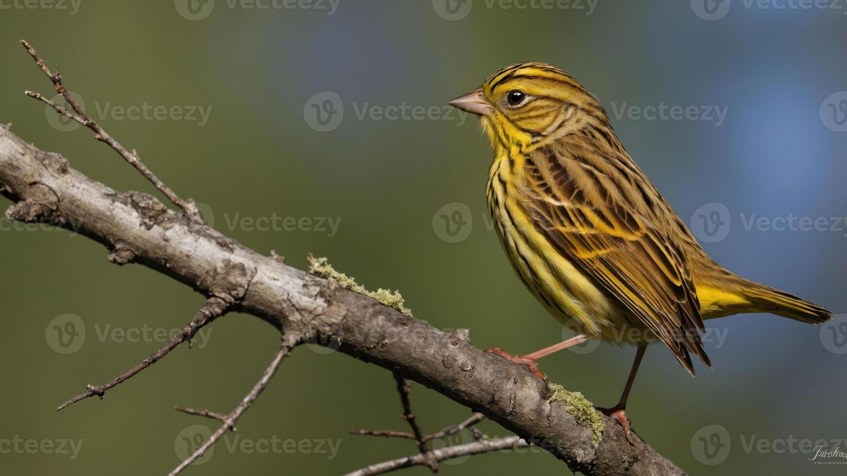 A yellow bird perched on a branch, showcasing its vibrant plumage against a blurred background. photo
