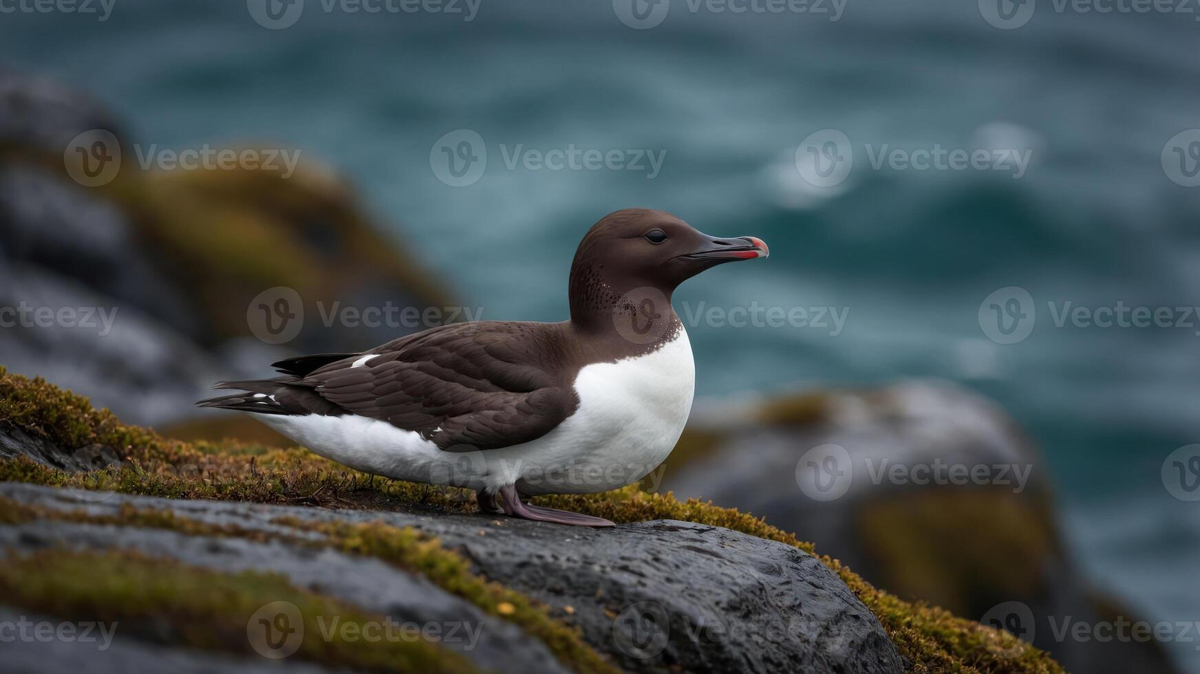 A seabird perched on rocky terrain near the ocean, showcasing its natural habitat. photo
