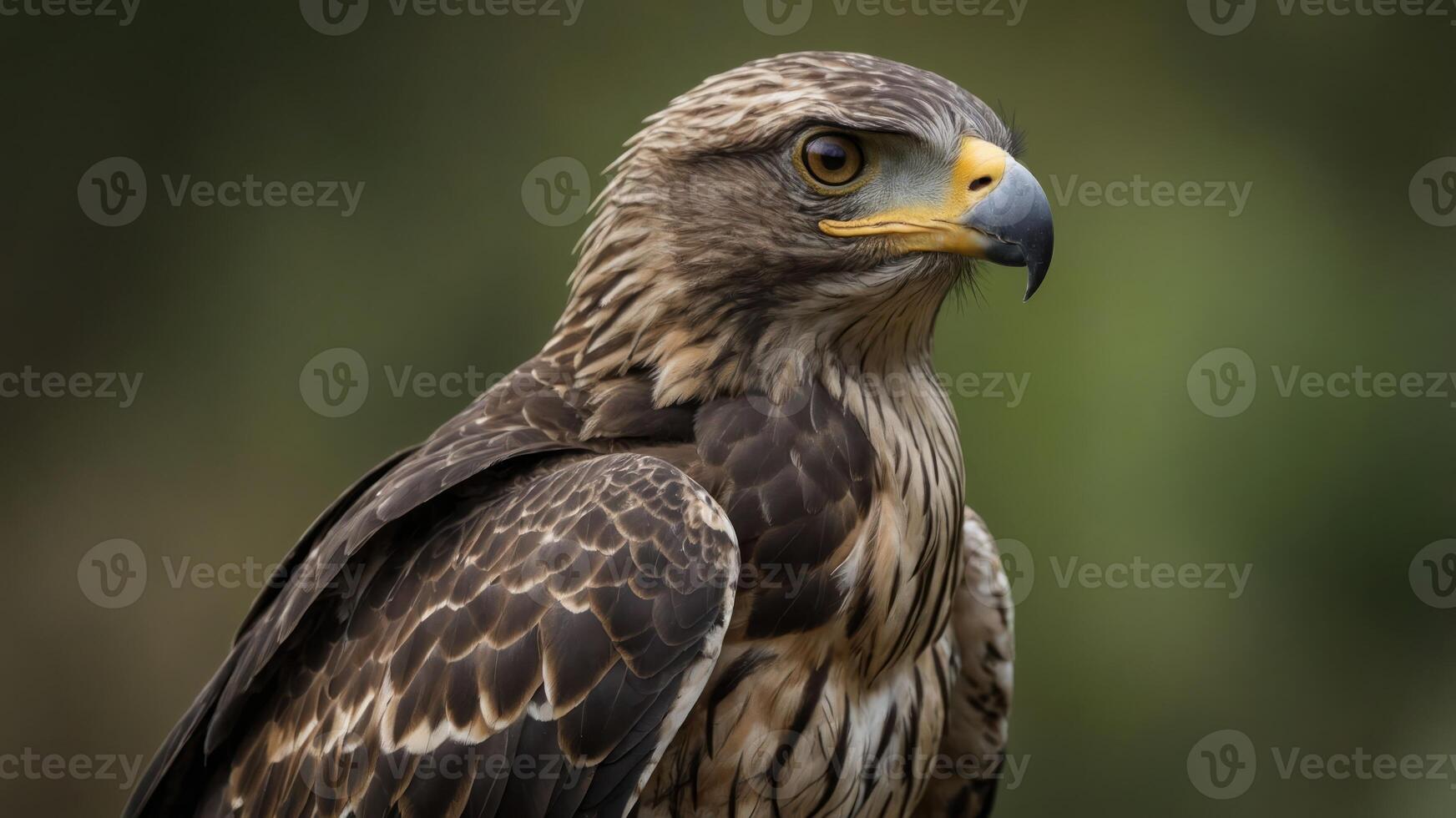 A close-up portrait of a majestic hawk showcasing its detailed feathers and sharp gaze. photo