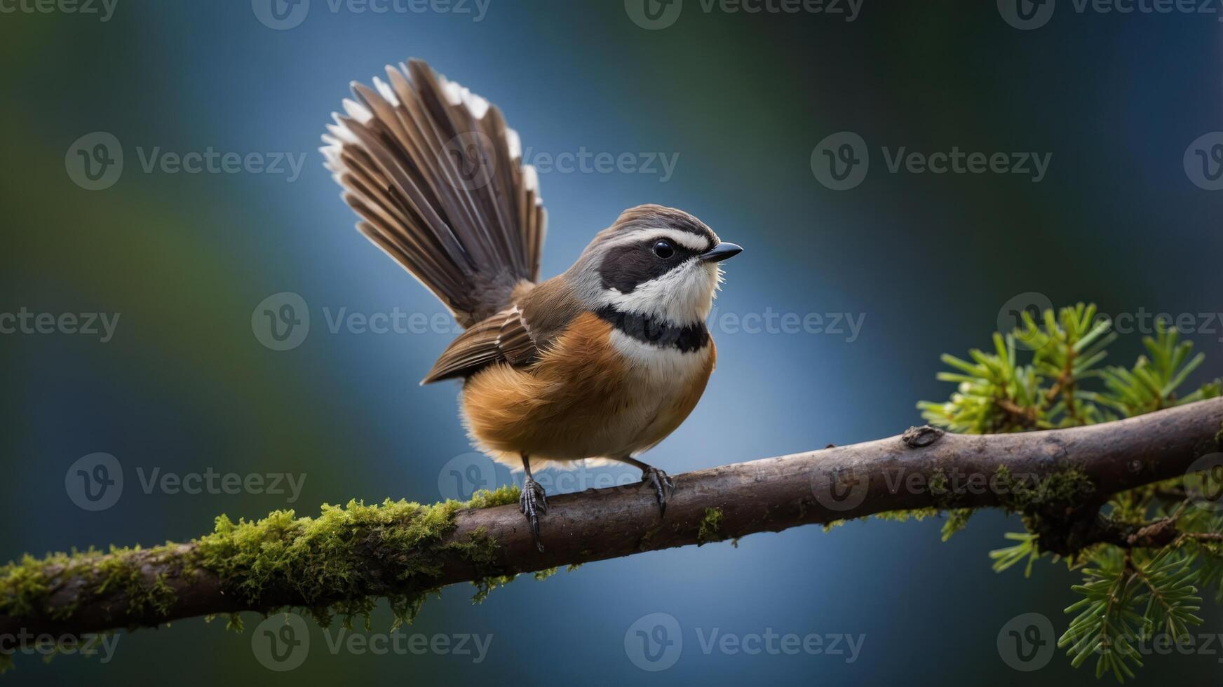 A small bird perched on a mossy branch, showcasing its vibrant plumage and tail feathers. photo