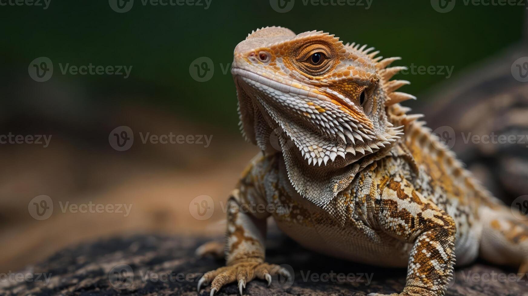 A close-up of a bearded dragon resting on a rock, showcasing its textured skin and colors. photo