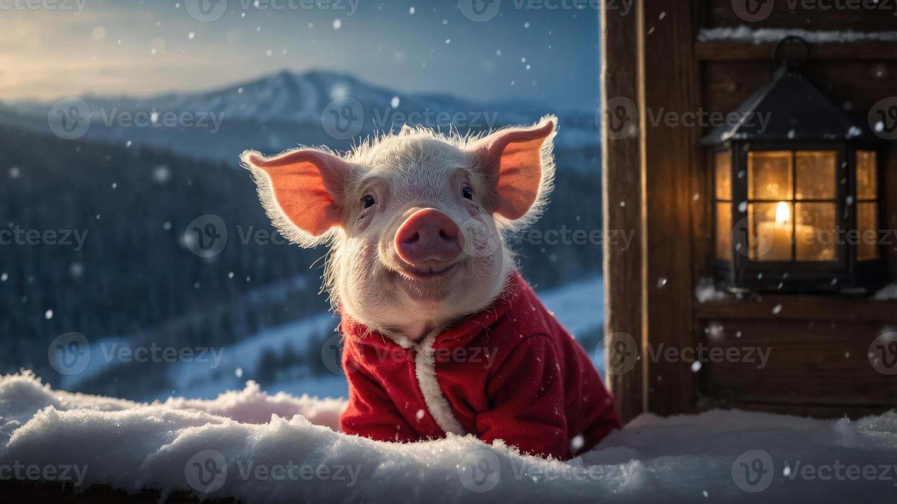 A cheerful piglet in a red outfit sits in the snow, with mountains and a lantern in the background. photo
