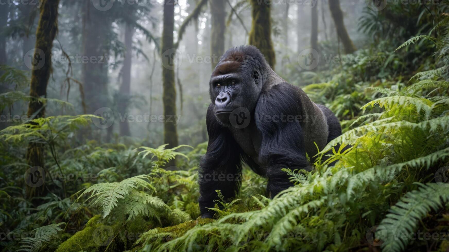 A majestic gorilla stands in a misty forest, surrounded by lush ferns and greenery. photo