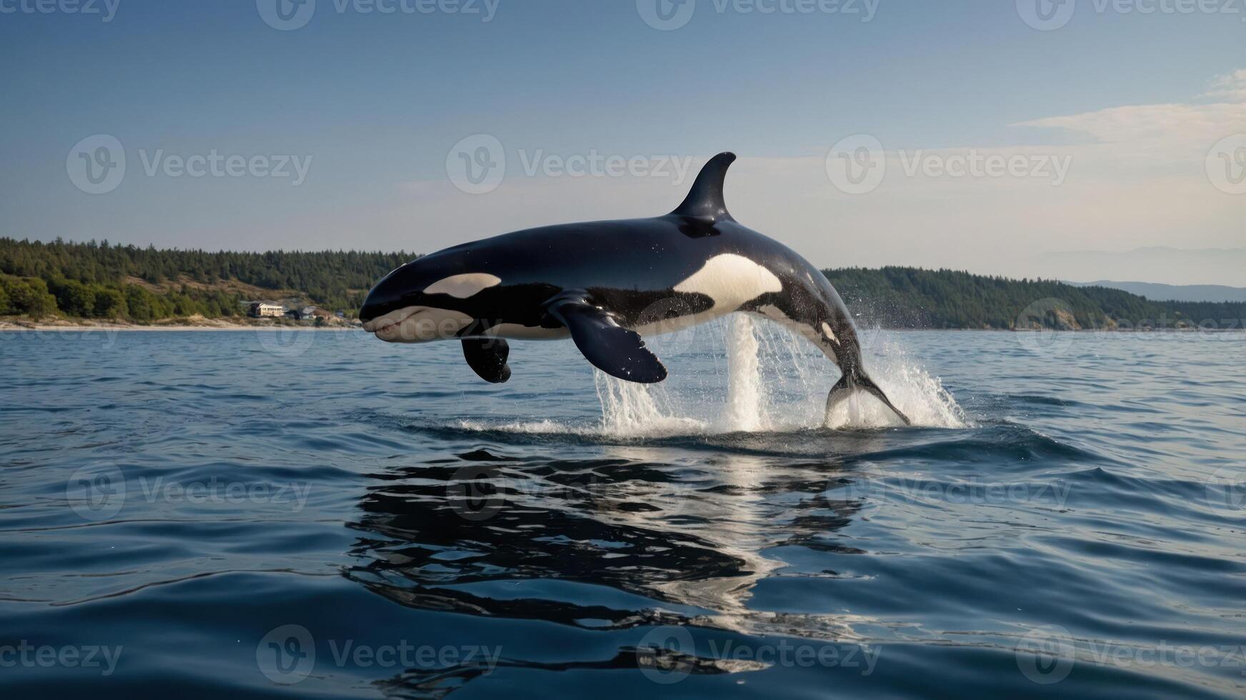 An orca breaching the surface of the water against a scenic backdrop. photo