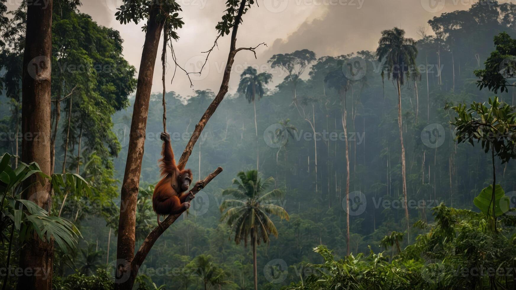 An orangutan hangs from a tree in a lush, misty rainforest, showcasing wildlife in its habitat. photo