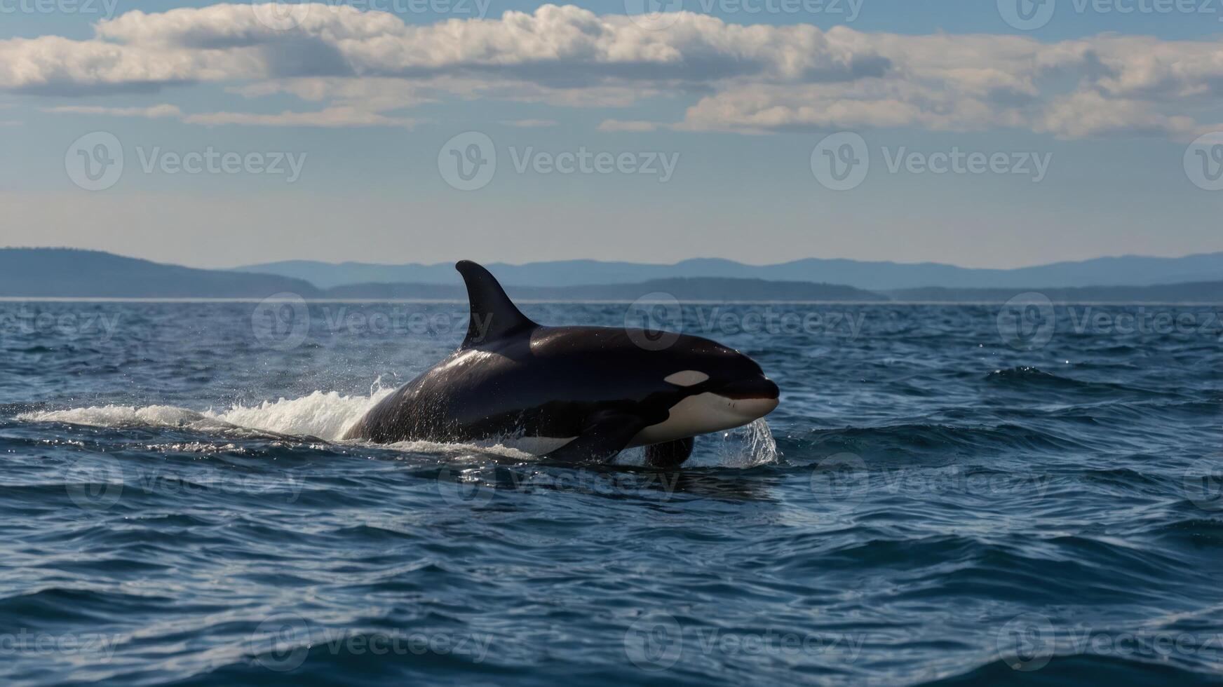 An orca swimming in ocean waters with a backdrop of distant mountains and clouds. photo