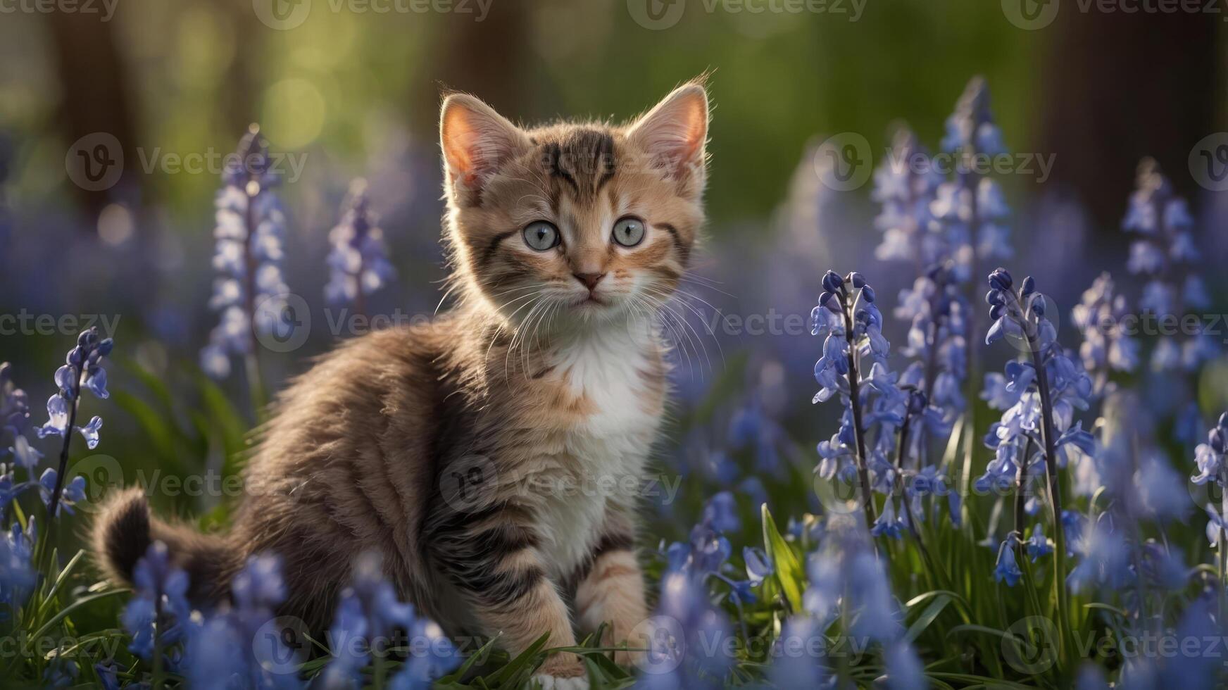 A playful kitten surrounded by blue flowers in a serene natural setting. photo