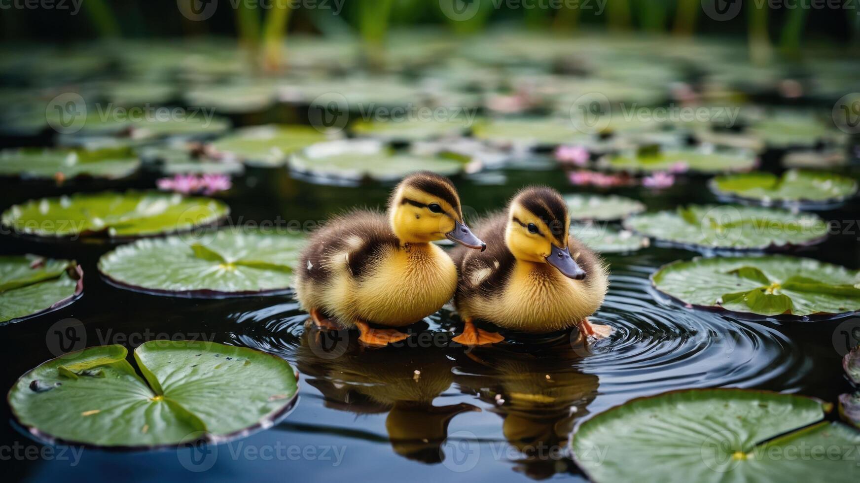 Two ducklings standing on lily pads in a serene pond. photo