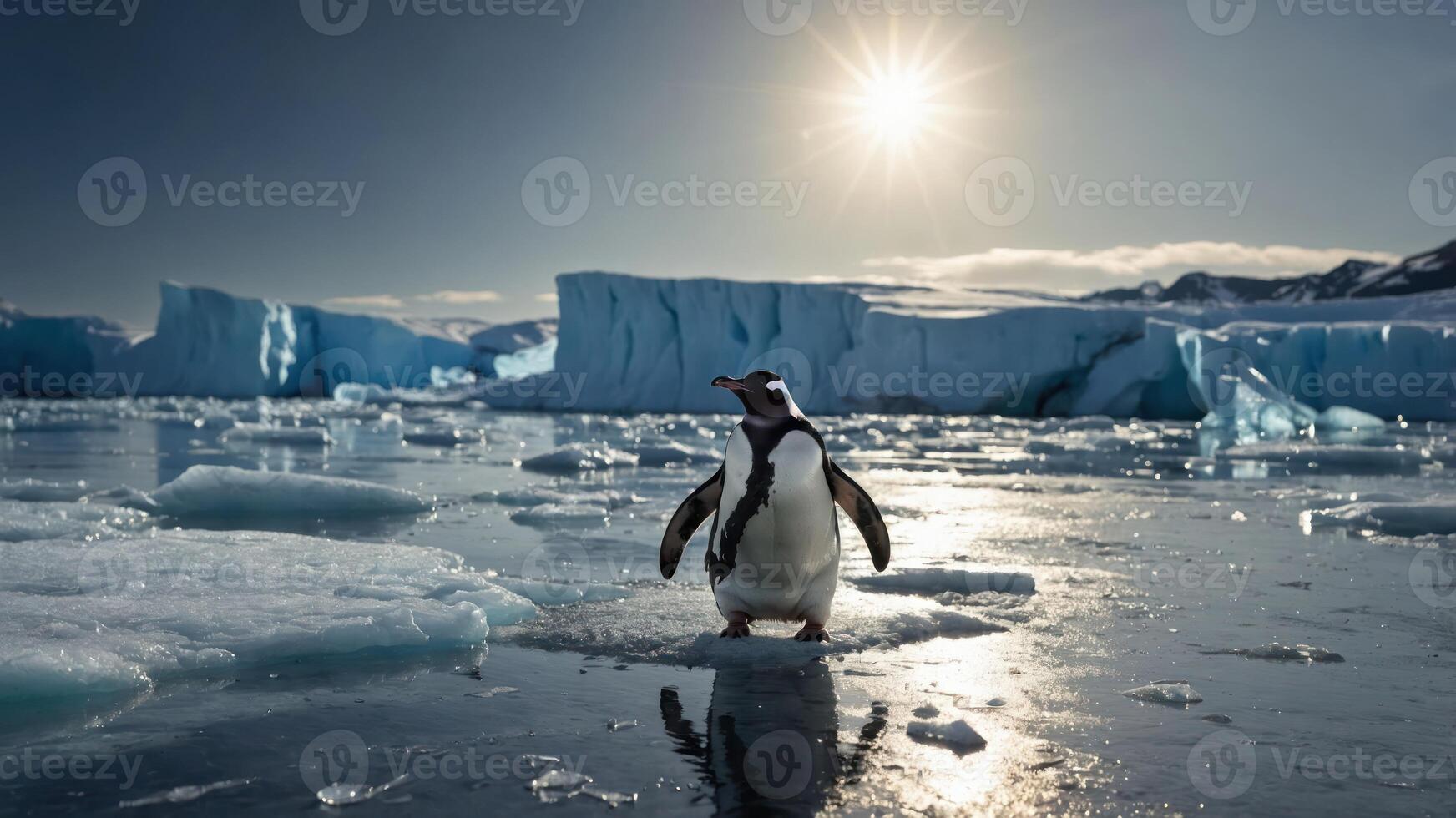 A lone penguin stands on ice with a bright sun and glacial backdrop, showcasing nature's beauty. photo
