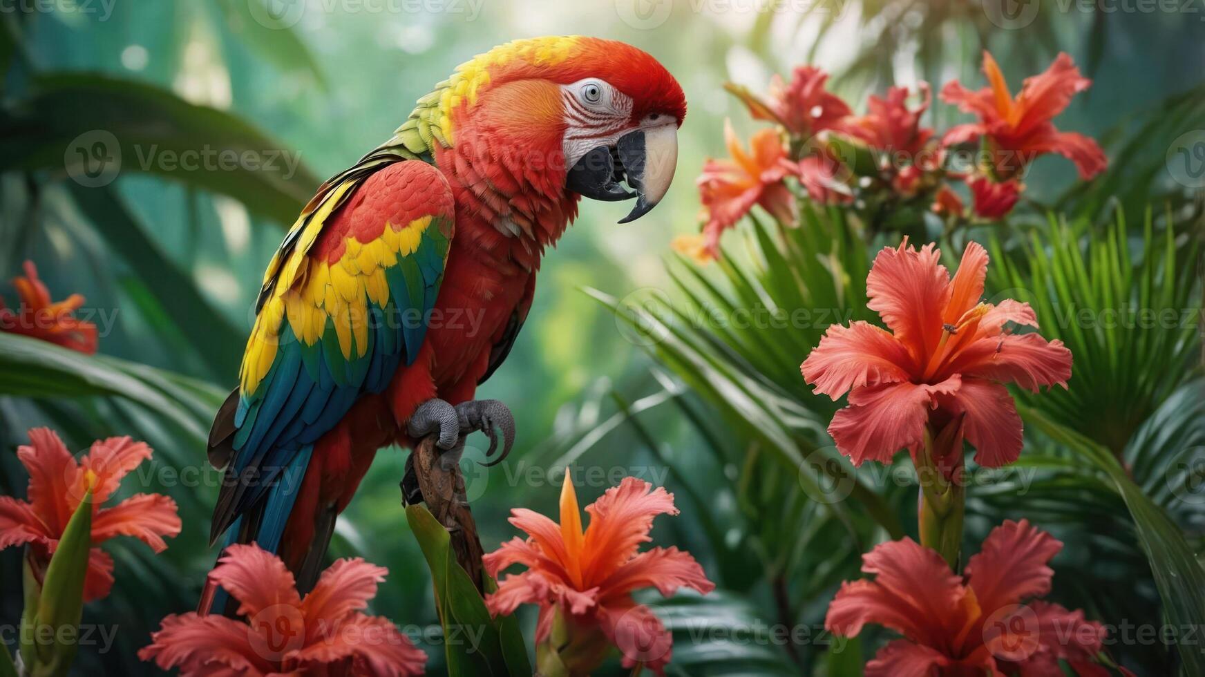 A vibrant parrot perched among tropical flowers in a lush, green environment. photo