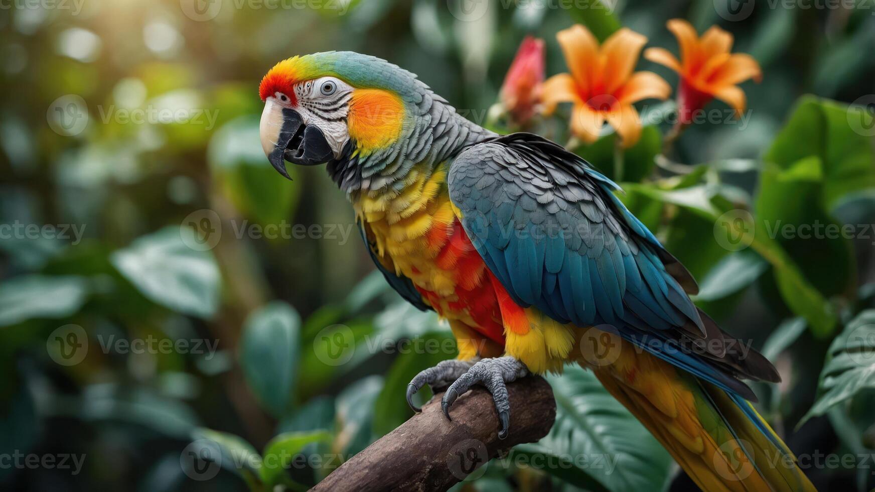 A colorful parrot perched on a branch amidst vibrant flowers and lush green foliage. photo