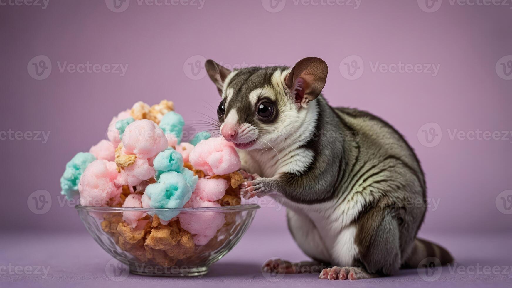 A sugar glider enjoying colorful cotton candy and popcorn in a playful setting. photo