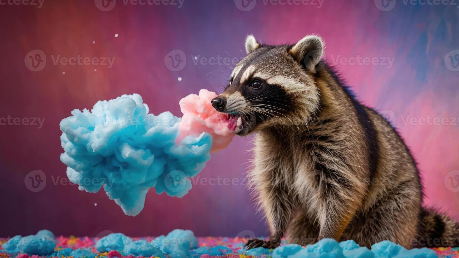 A raccoon playfully interacts with colorful cotton candy clouds. photo