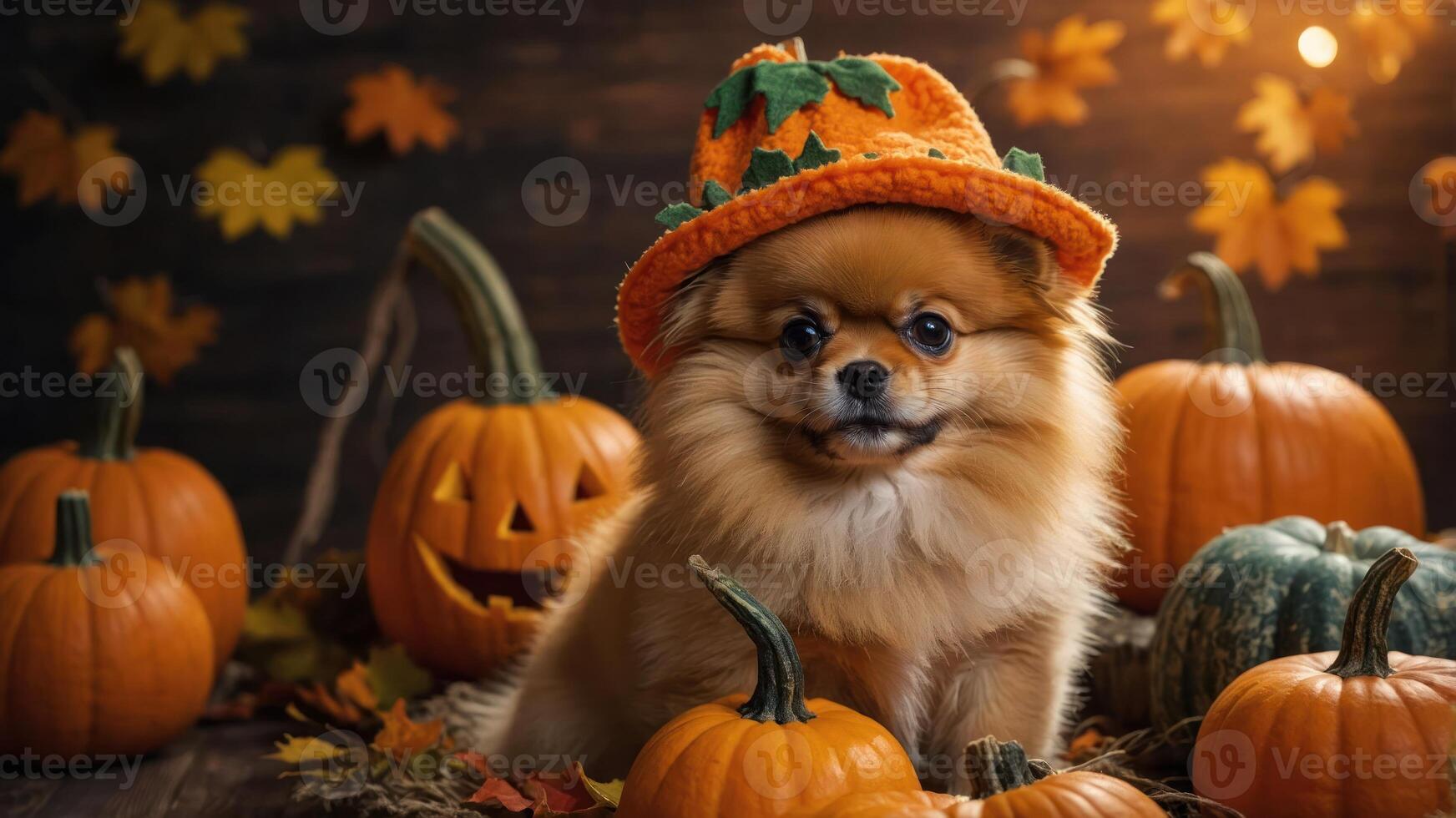 A Pomeranian dog wearing a pumpkin hat surrounded by autumn leaves and pumpkins. photo