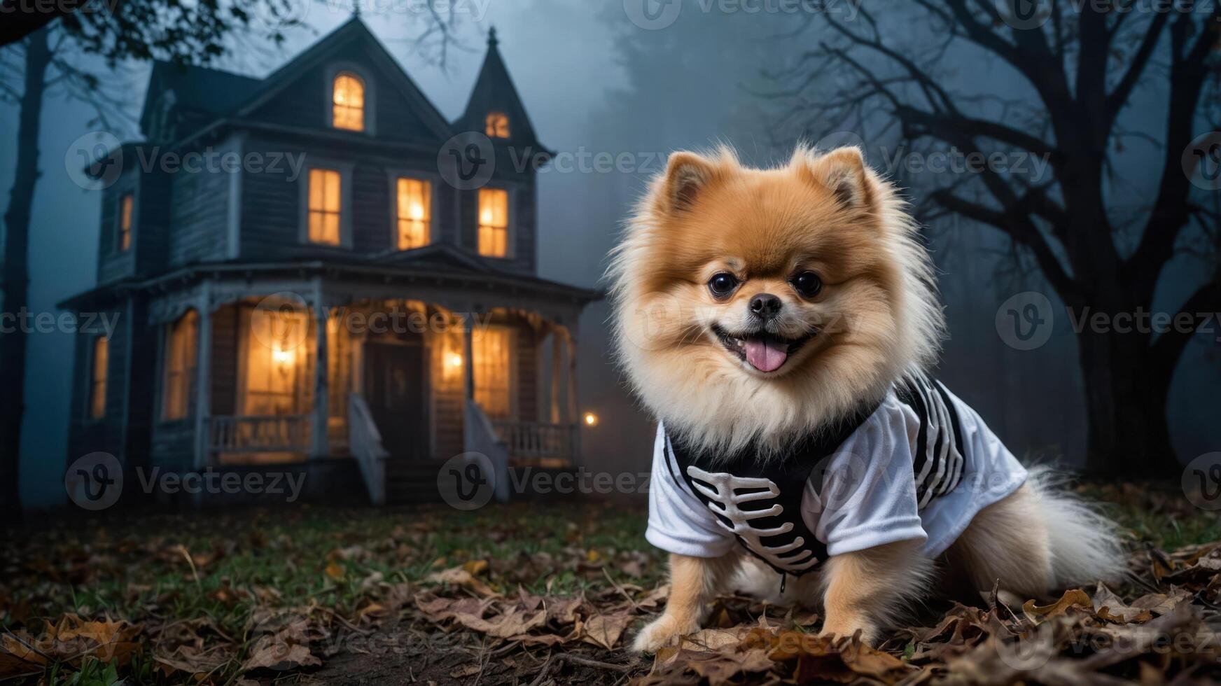 A playful dog dressed in a skeleton outfit poses in front of a spooky, lit house. photo