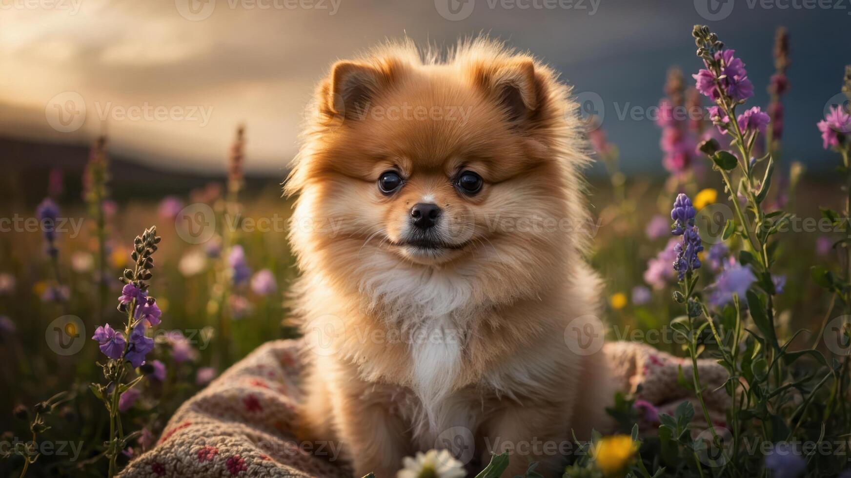 A fluffy Pomeranian dog sits among colorful wildflowers in a serene landscape. photo