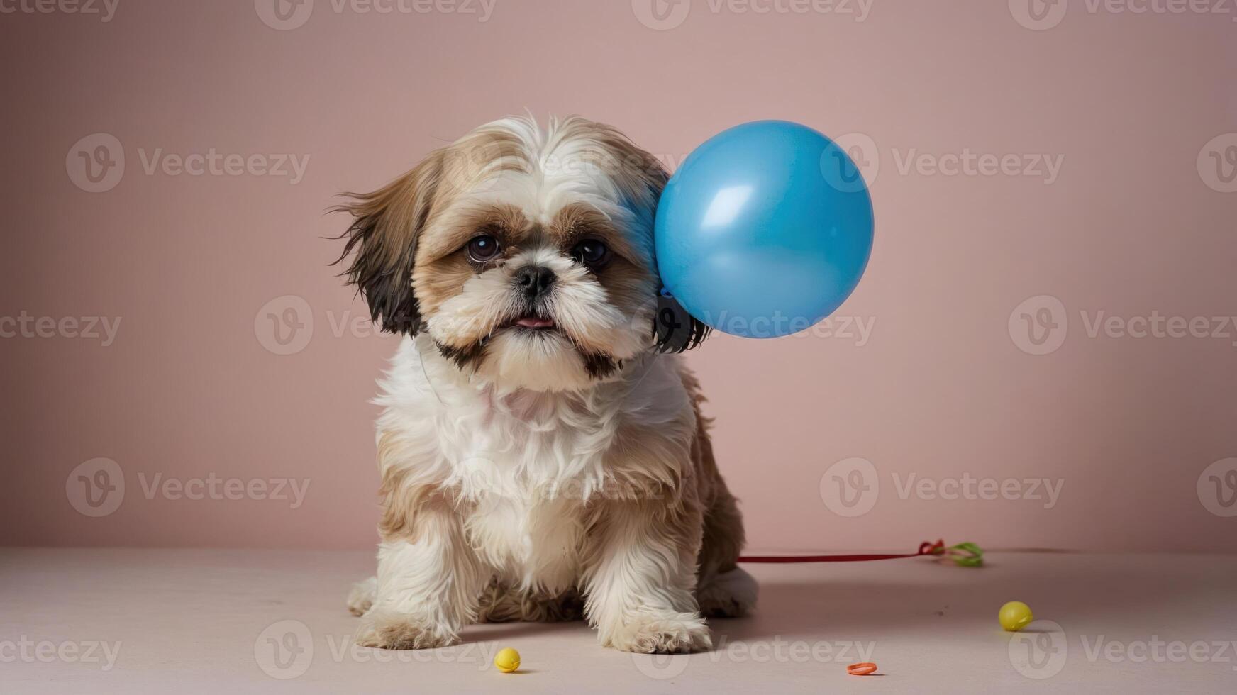 A playful dog with a blue balloon against a soft pink background. photo