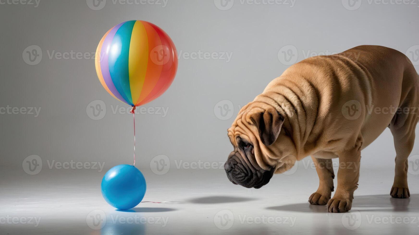 A playful dog curiously examines colorful balloons in a bright setting. photo