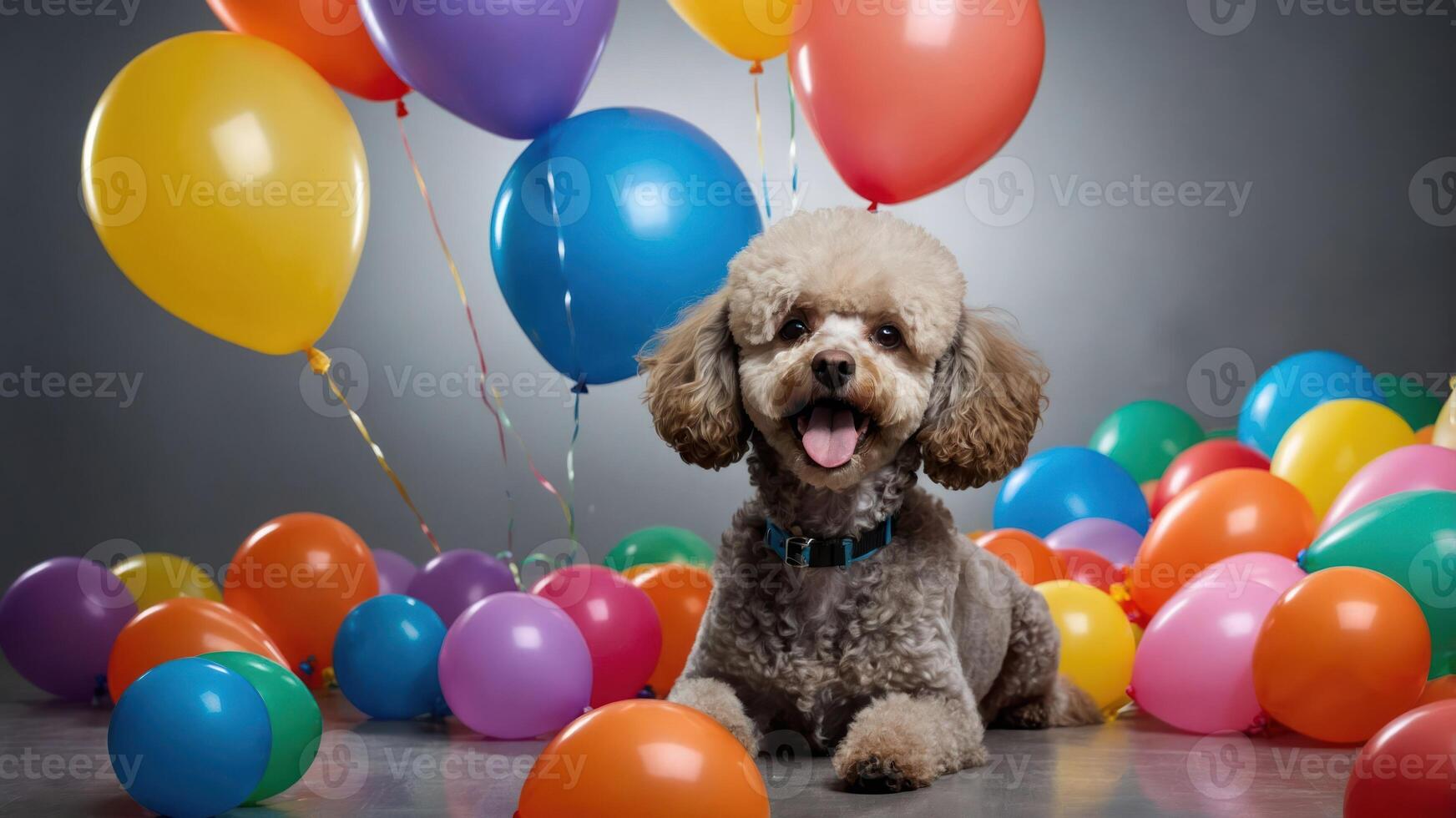 A cheerful dog surrounded by colorful balloons, creating a festive atmosphere. photo
