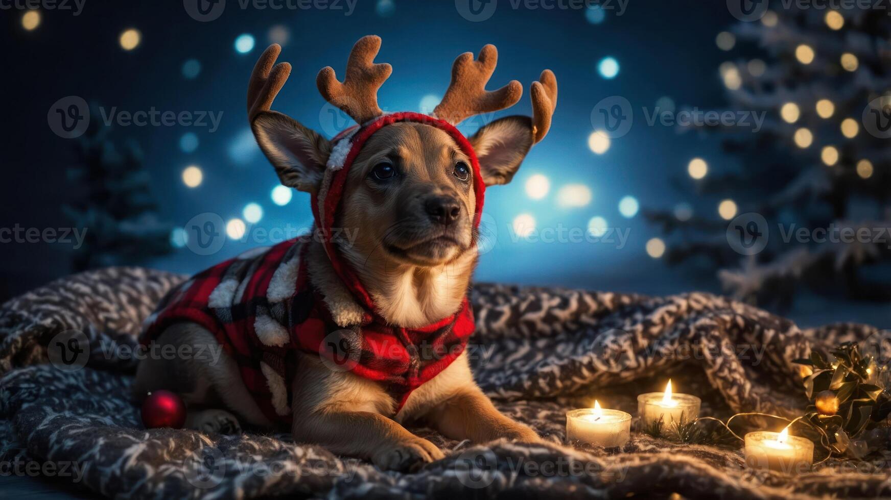 A festive puppy wearing reindeer antlers and a plaid sweater, surrounded by candles and decor. photo