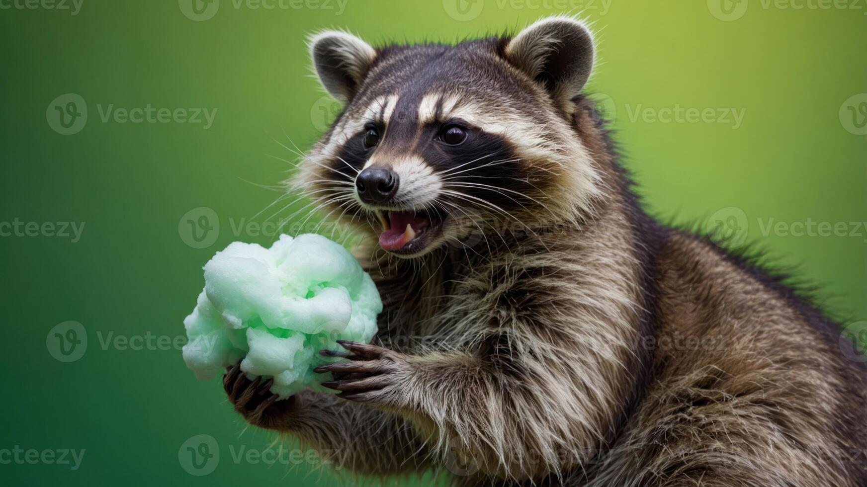 A raccoon joyfully holding a fluffy green treat against a blurred background. photo