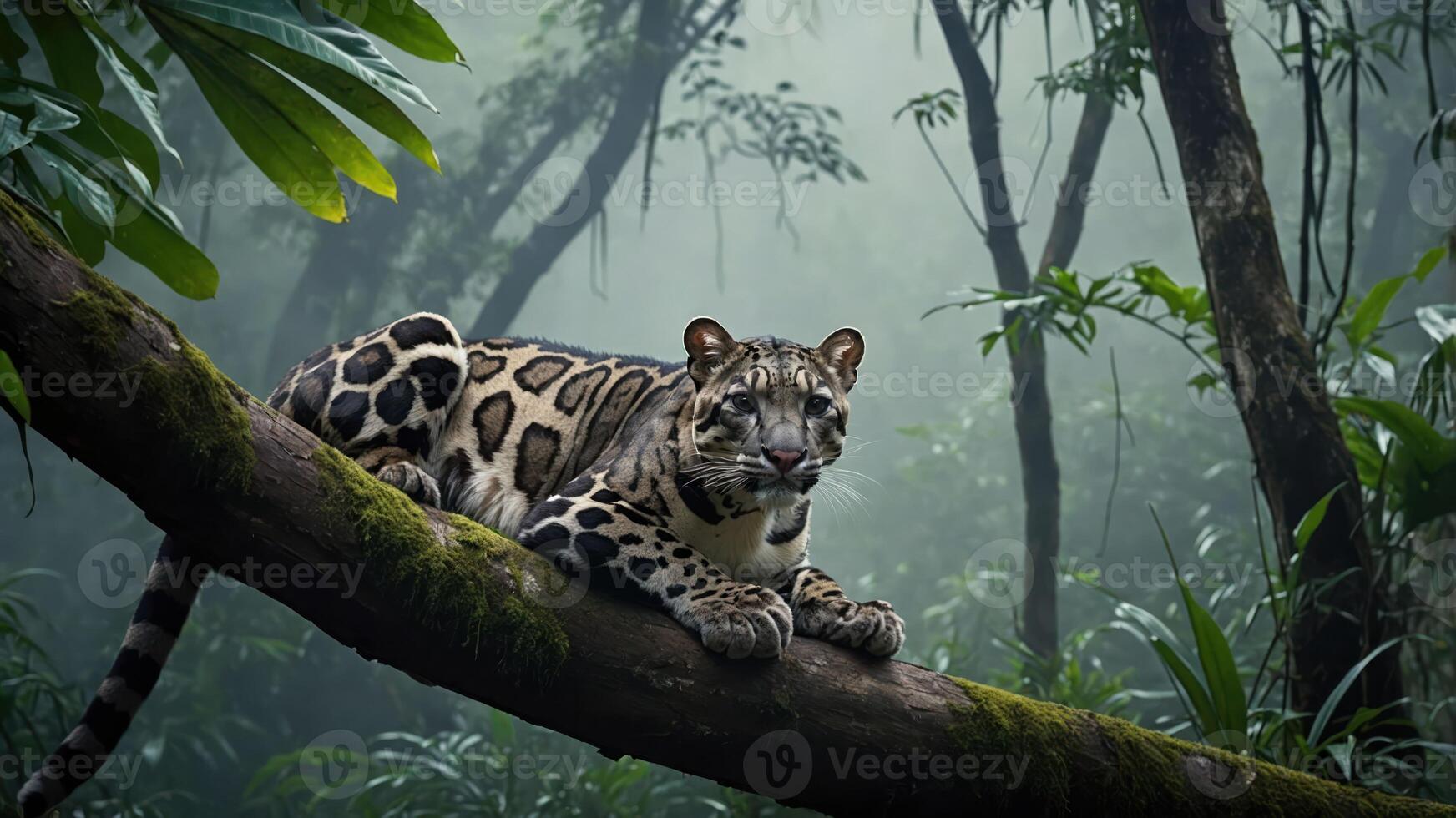 A jaguar resting on a tree branch in a misty rainforest. photo