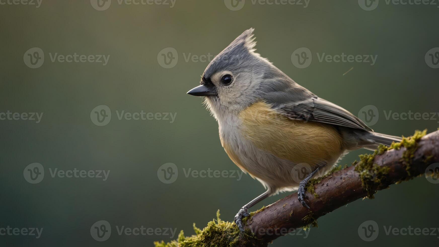 A small bird perched on a mossy branch, showcasing its vibrant feathers and curious expression. photo