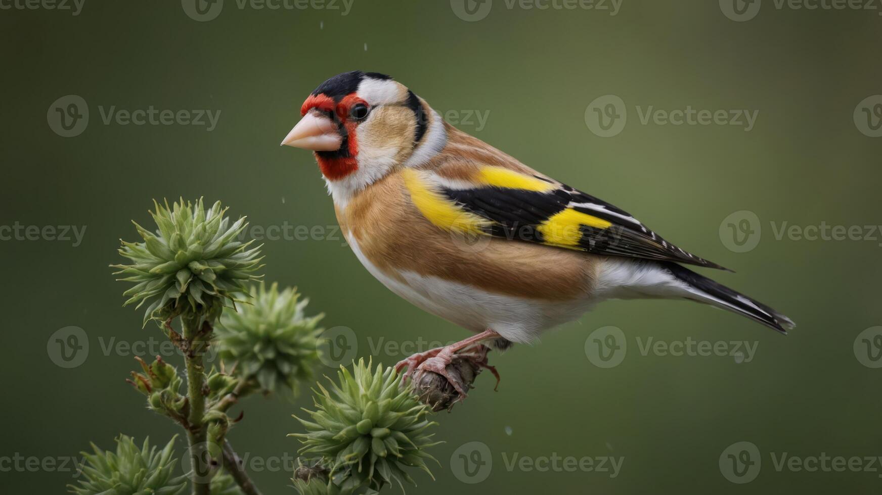 A colorful goldfinch perched on a branch with green buds in a natural setting. photo