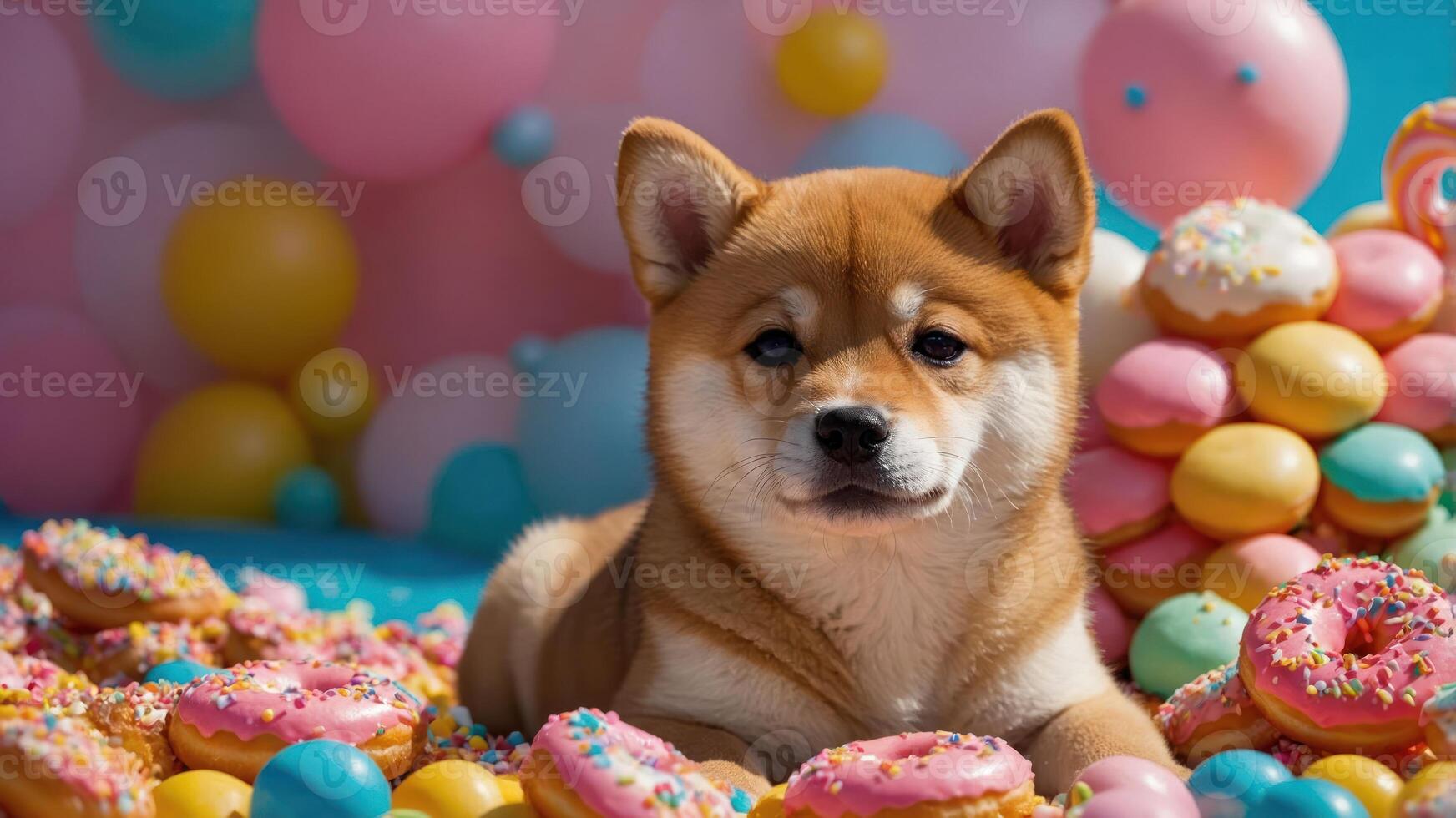 A cute Shiba Inu puppy surrounded by colorful donuts and decorations in a playful setting. photo
