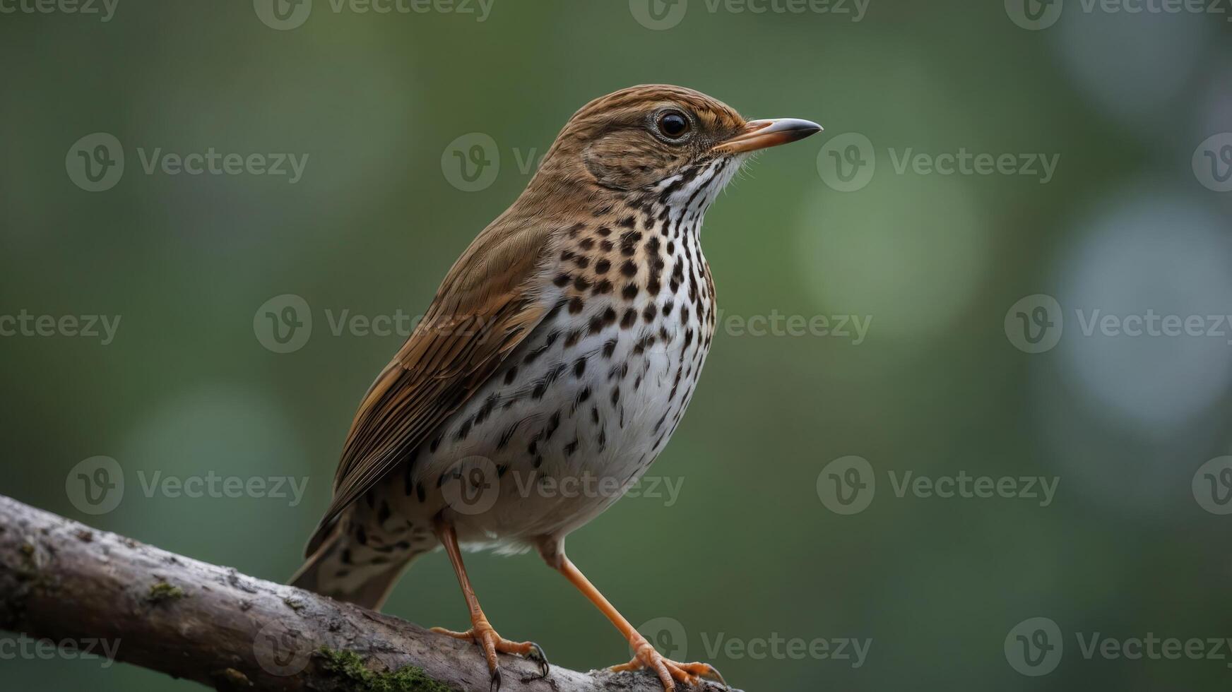 A close-up of a speckled bird perched on a branch in a natural setting. photo