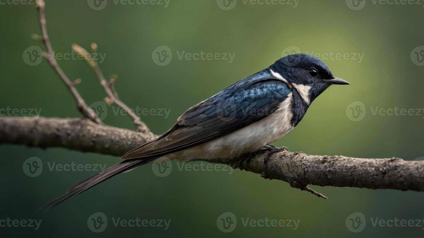 A perched bird with blue and white plumage on a branch against a blurred background. photo