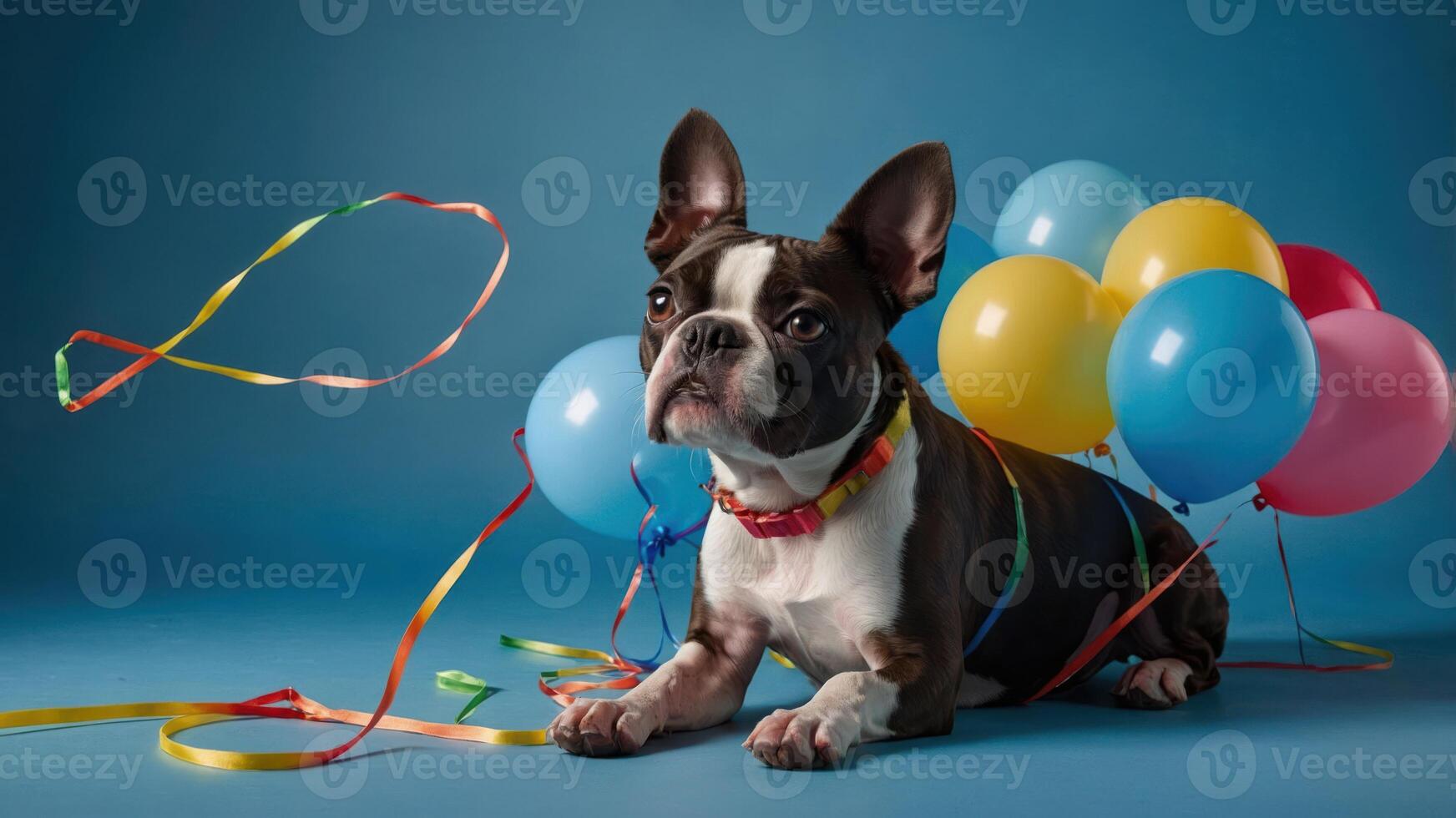 A cute dog surrounded by colorful balloons and ribbons, celebrating a festive occasion. photo