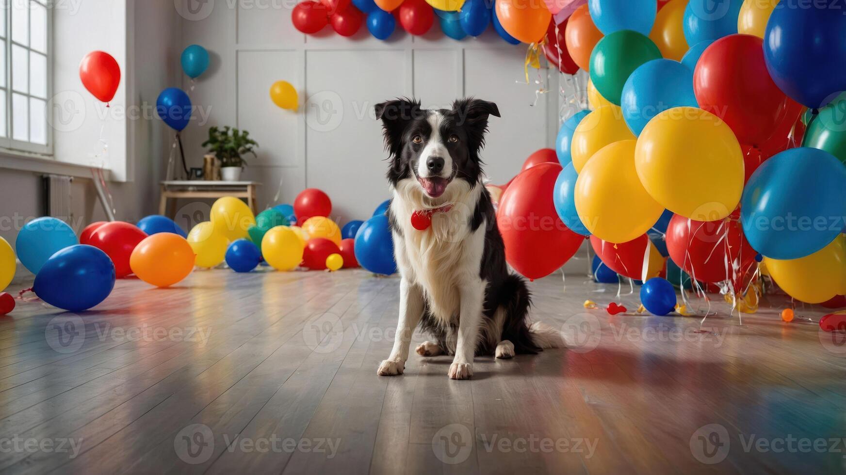 A playful dog sits amidst colorful balloons in a festive setting. photo