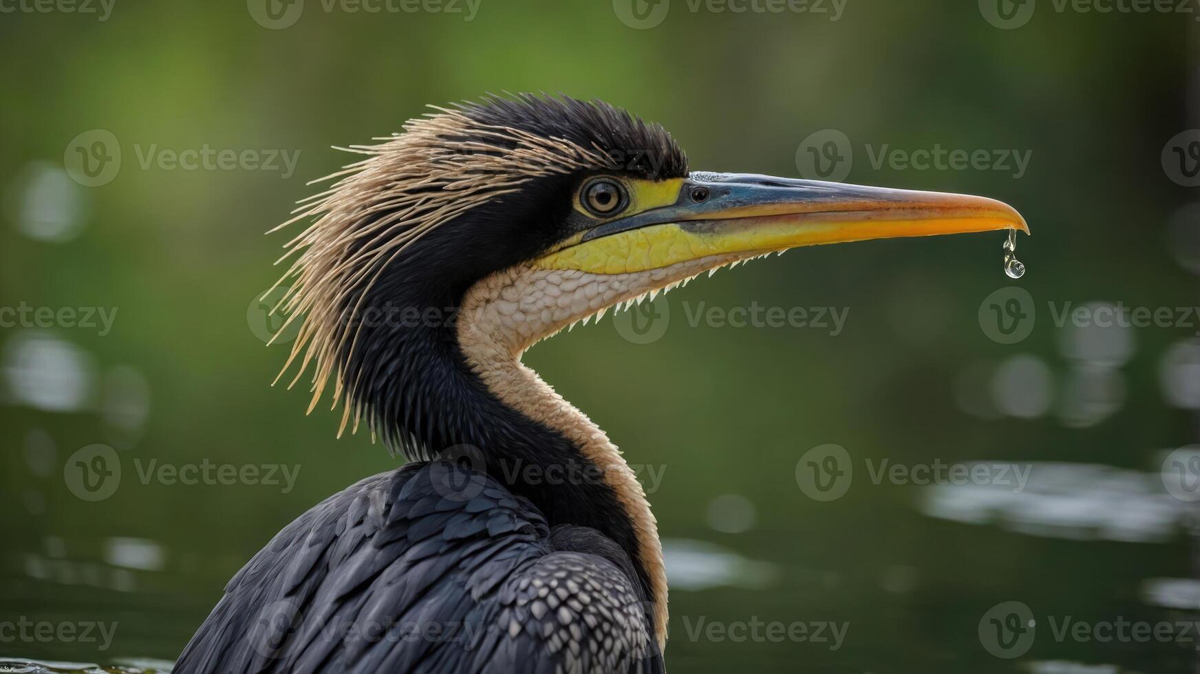 A close-up of a bird with a striking beak and wet feathers, perched near water. photo