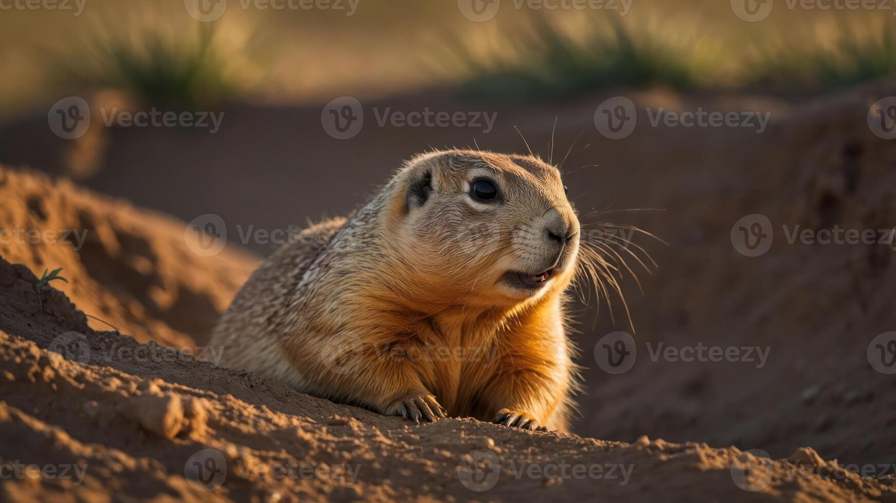 A close-up of a prairie dog emerging from its burrow in a natural setting. photo