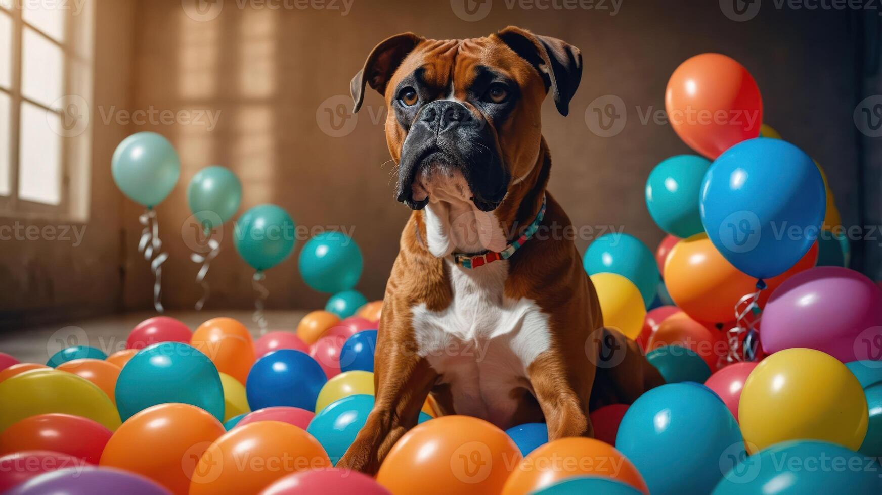 A dog sits among colorful balloons in a festive setting. photo