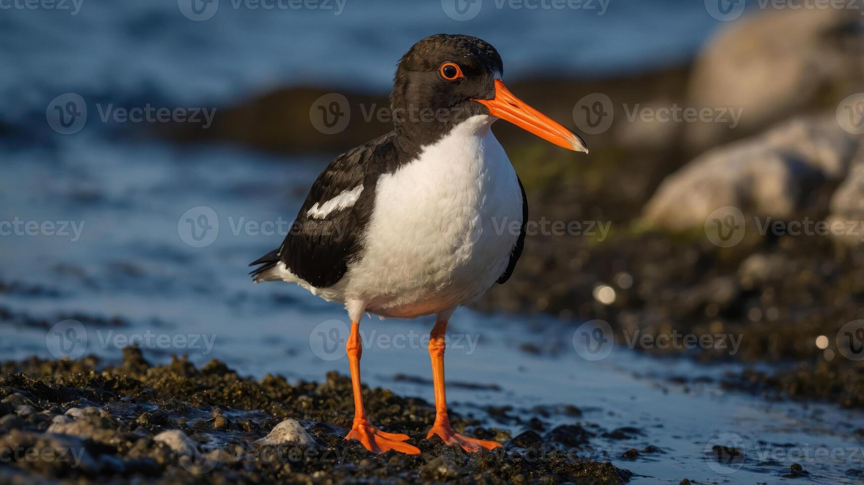 A solitary bird with black and white feathers standing by the water's edge. photo